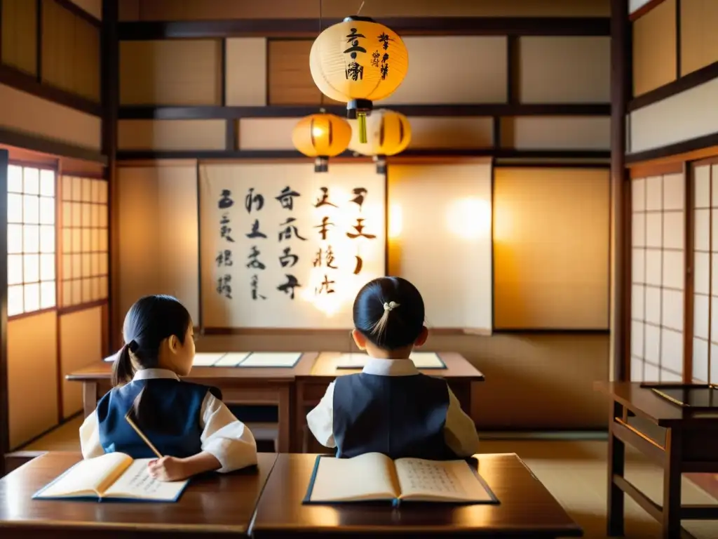 Niños aprendiendo kanji en aula tradicional japonesa: atmósfera nostálgica con luz suave y escritura detallada