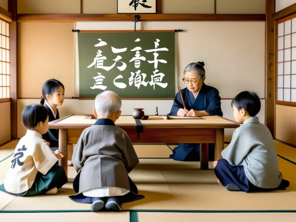 Una ilustración vintage de niños aprendiendo kanji con su maestro japonés en una habitación tradicional, introducción a kanji para niños