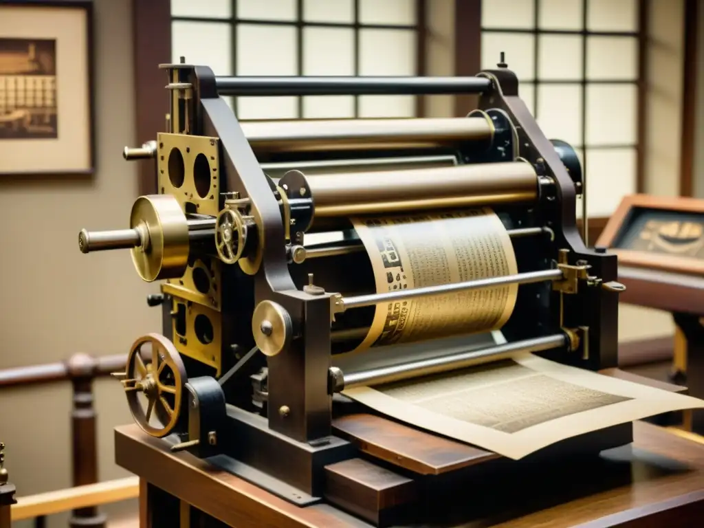 Una nostálgica y detallada fotografía de una antigua imprenta histórica en un museo, resaltando las tipografías históricas en museos