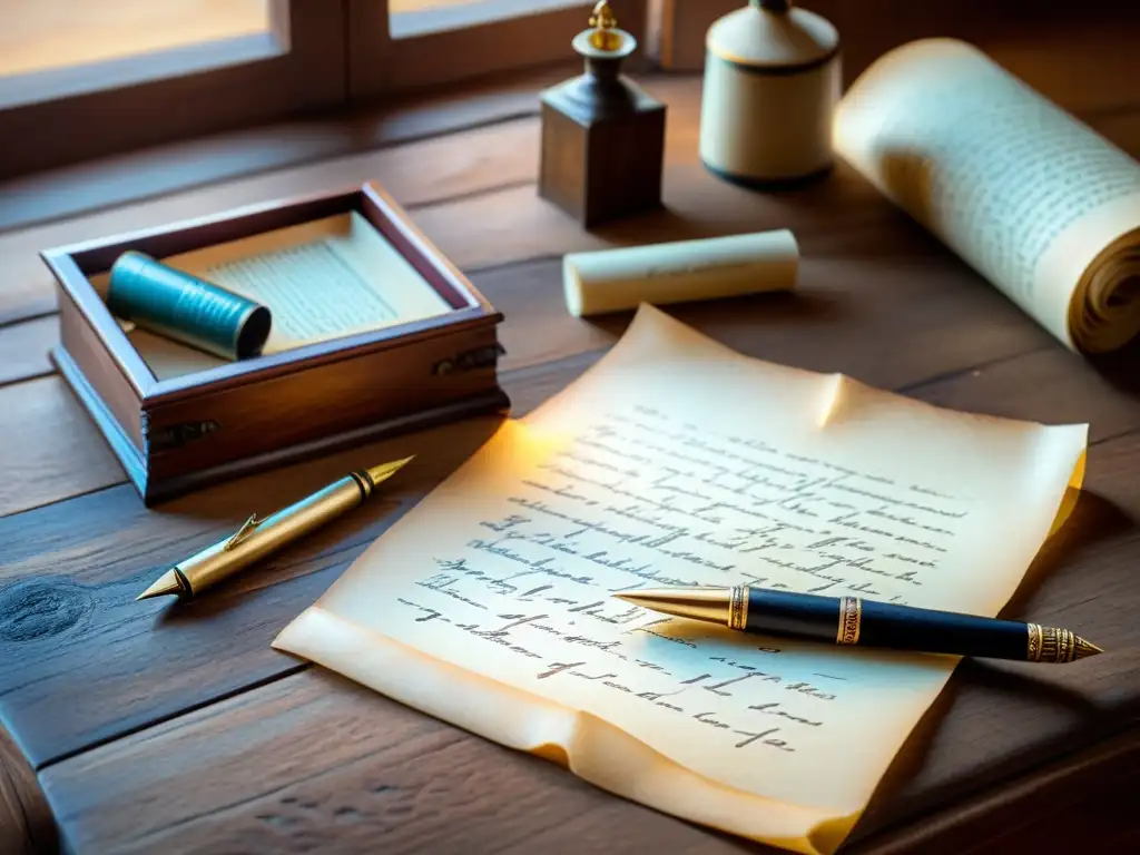 Una nostálgica escena de un escritorio de madera envejecida con plumas antiguas, pergaminos y muestras de escritura de diferentes épocas