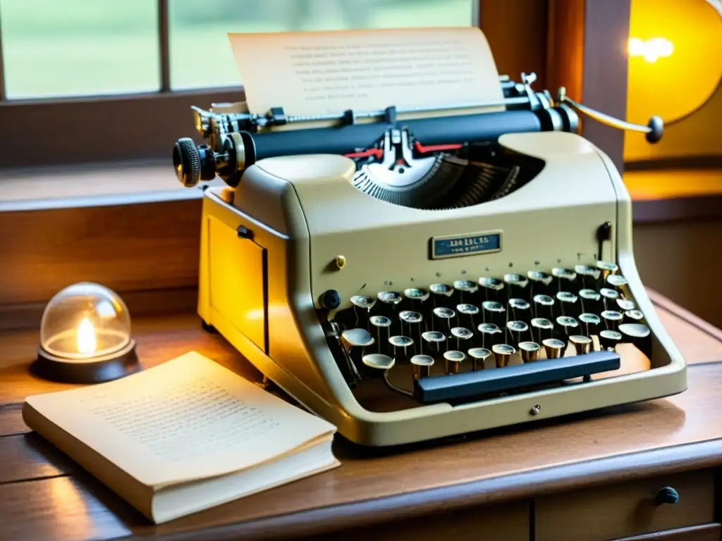 Una nostálgica escena de una máquina de escribir vintage sobre un escritorio de madera envejecida, bañada por una cálida luz dorada