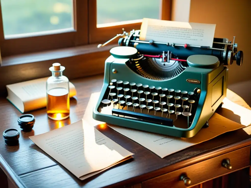 Una nostálgica escena con una máquina de escribir vintage, notas manuscritas y gafas antiguas, iluminada por la cálida luz de la tarde