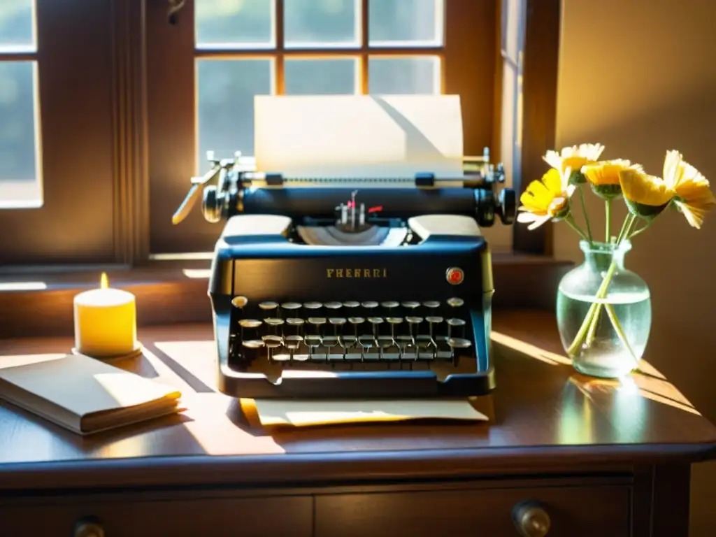 Una nostálgica escena con una máquina de escribir vintage en un escritorio de madera, bañada por la cálida luz del sol