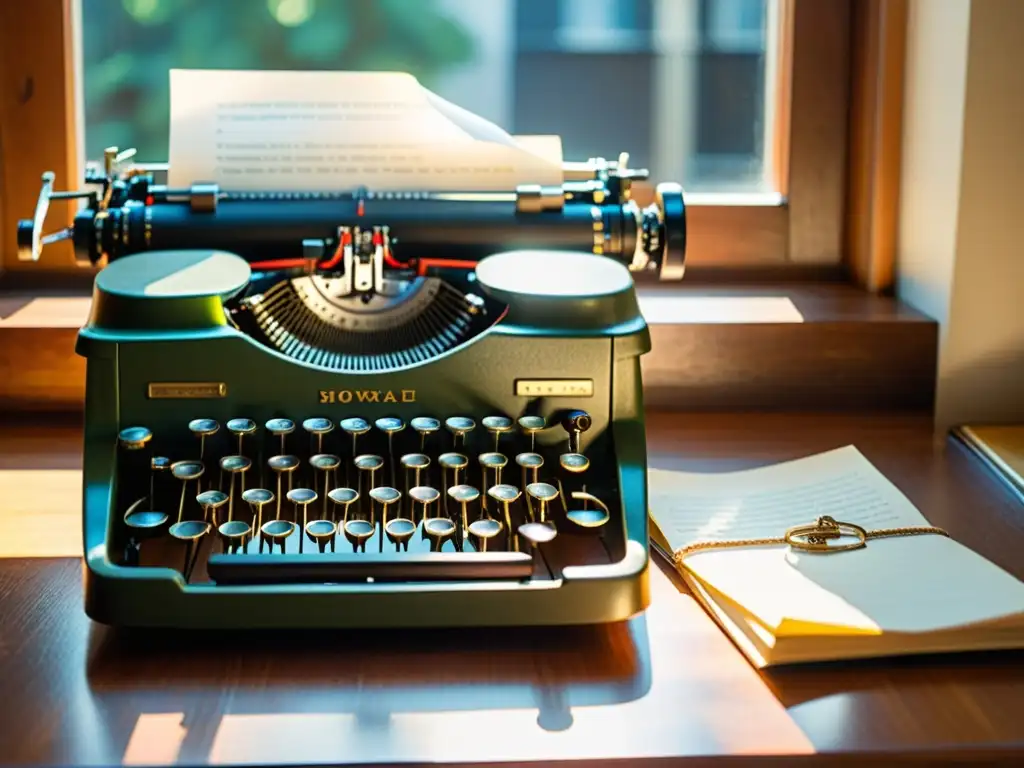 Una nostálgica escena con una máquina de escribir vintage, papeles y café, bañada por la cálida luz de la mañana