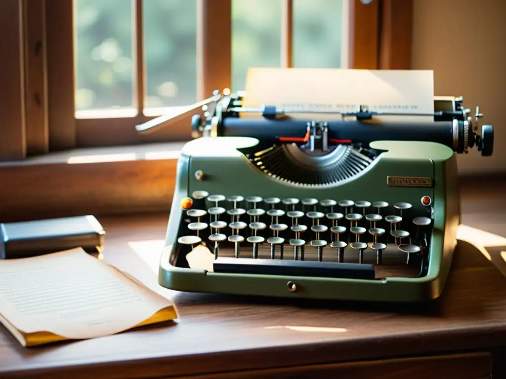 Una nostálgica escena con una máquina de escribir vintage sobre un escritorio de madera, resaltada por la luz cálida del sol