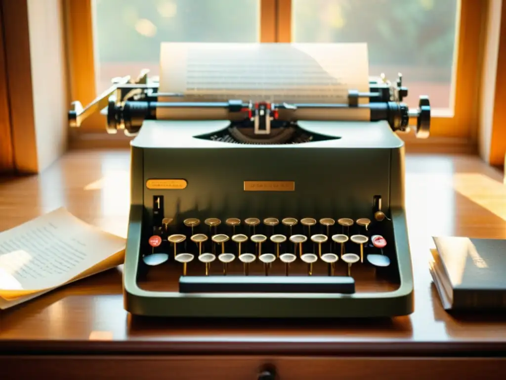 Una nostálgica imagen de una máquina de escribir vintage con papeles y luz dorada, reflejando la precisión de las plataformas de traducción