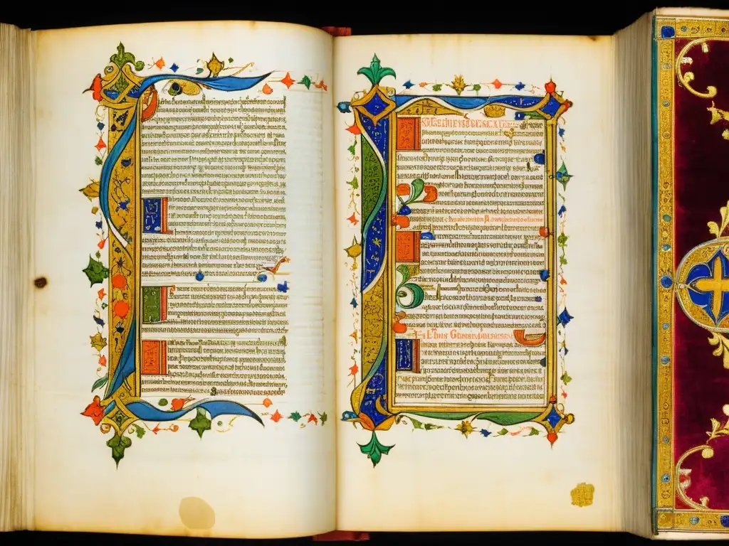 Una página iluminada del Domesday Book medieval inglés, con caligrafía detallada y decoraciones en colores vibrantes y ricos