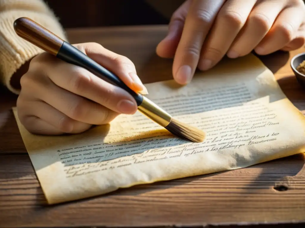 Un par de delicadas manos restaurando con cuidado un documento antiguo sobre una mesa de madera