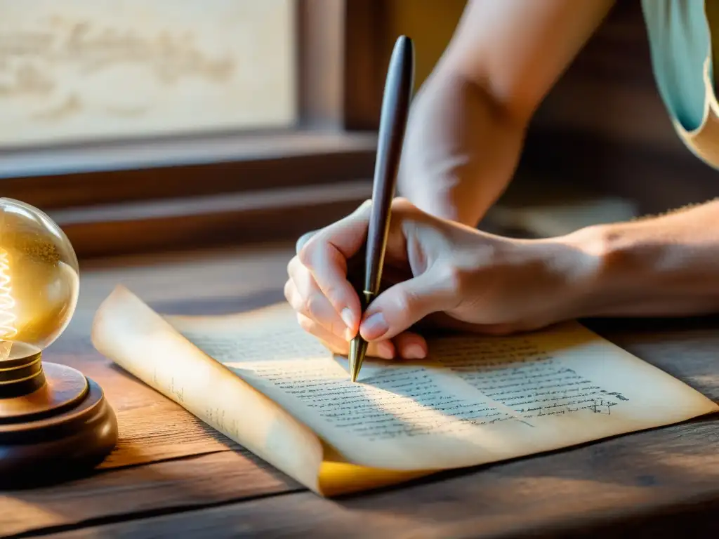 Un par de manos restauran con delicadeza un antiguo manuscrito en una mesa de madera vintage