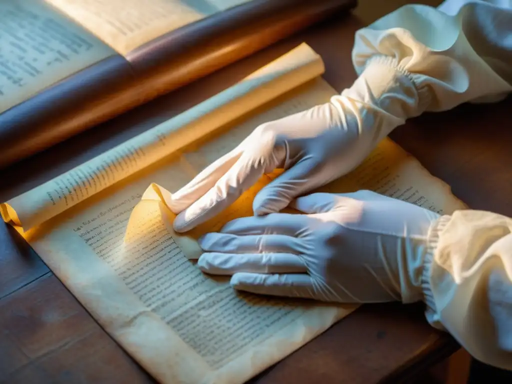 Un par de manos con guantes de algodón blanco sostienen con delicadeza un pergamino envejecido, iluminado por una luz cálida