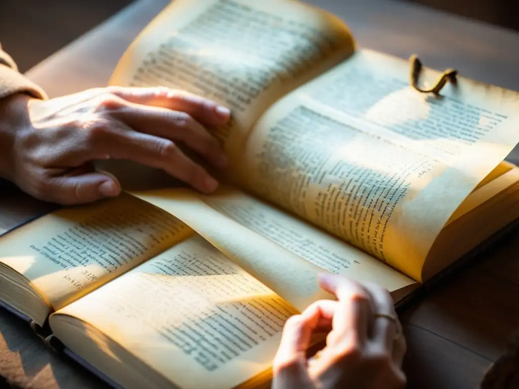 Un par de manos exploran con reverencia las páginas amarillentas de un antiguo manuscrito, bajo la cálida luz de la tarde