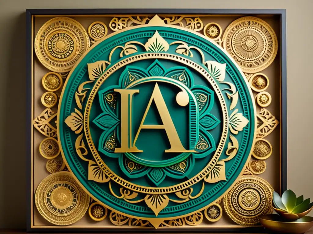 Decoración de pared con mandala vintage en tonos tierra y detalles dorados, con alfabetos antiguos y significados culturales