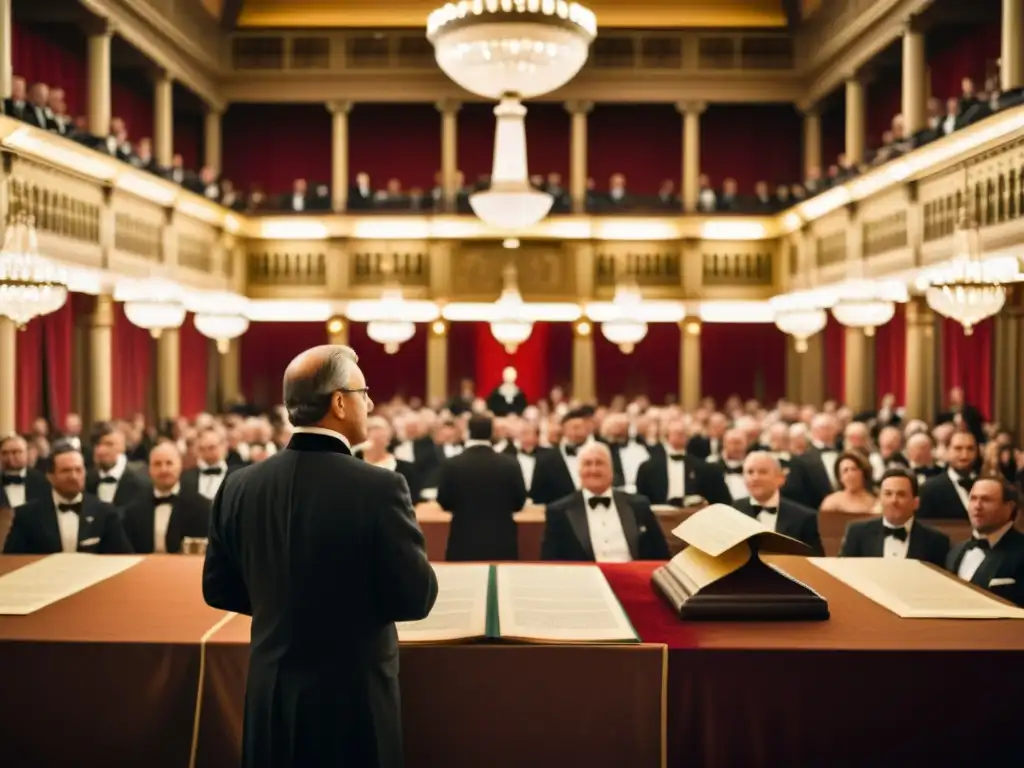 Participantes elegantes en una subasta de manuscritos centenarios en una majestuosa sala de subastas