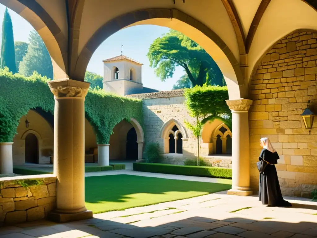 Un patio de monasterio medieval con arcos de piedra, vegetación exuberante y una atmósfera serena