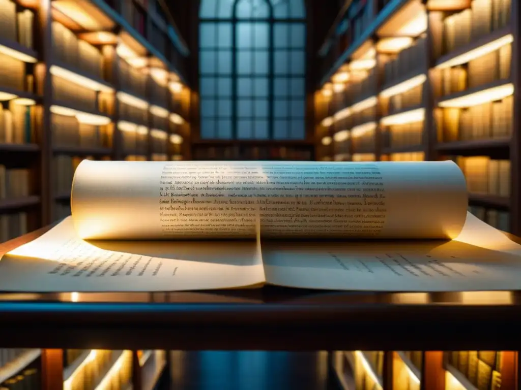 Pergamino antiguo revela lenguaje ancestral con realidad aumentada Un pergamino antiguo desplegándose con caligrafía preservada, iluminado por una interfaz de realidad aumentada, en una biblioteca tenue