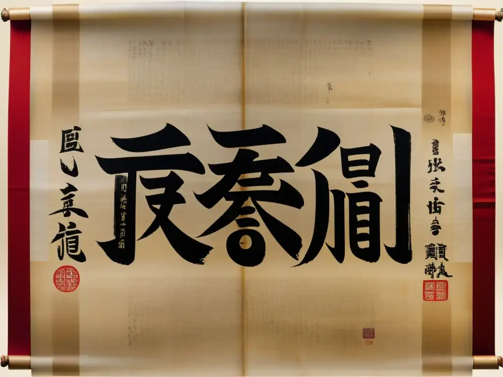 Antigua pergamino: influencia de Hanzi en Asia Un pergamino antiguo desplegado, con caligrafía china, coreana y japonesa que muestra la influencia del Hanzi en Asia