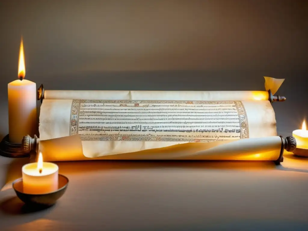 Un pergamino antiguo con escritura en un idioma olvidado, iluminado por luz de vela