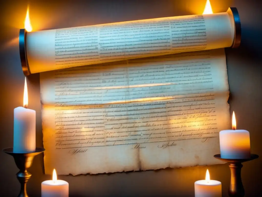 Un pergamino antiguo iluminado por una cálida luz de vela, evocando misterio y la magia del desciframiento manuscritos antiguos IA