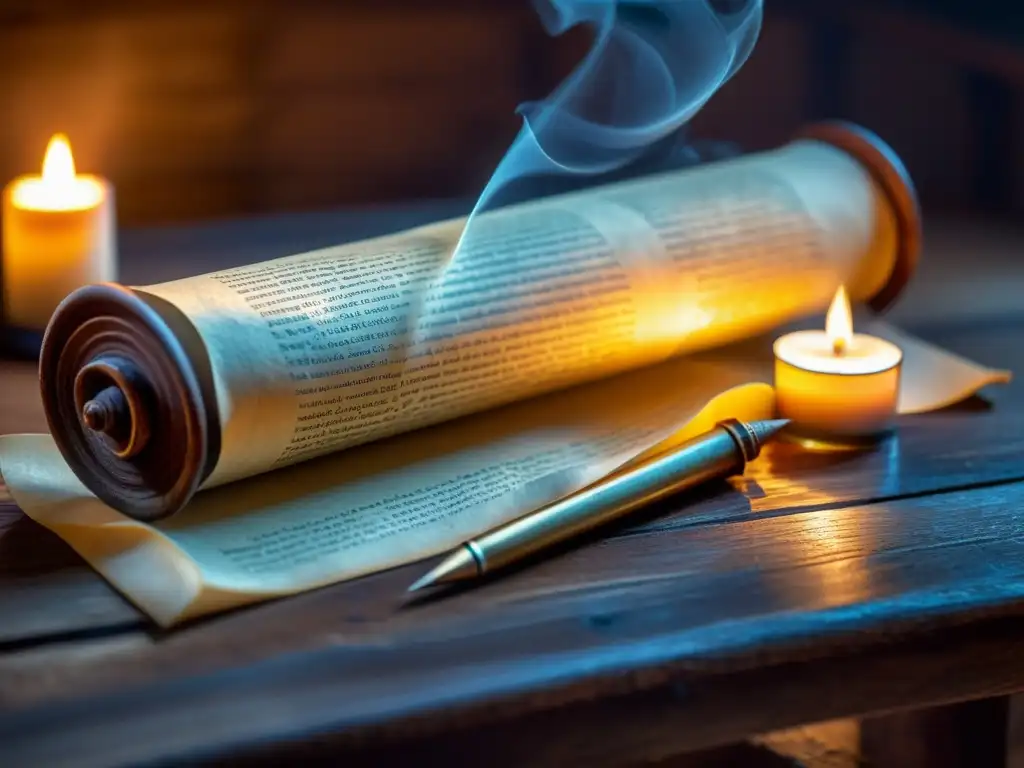 Perdida lengua ancestral: pergamino desplegado en mesa de madera Un pergamino antiguo en una mesa de madera, iluminado por velas