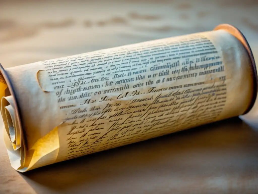 Un pergamino envejecido desplegado revela inscripciones antiguas en griego y latín bajo una luz cálida