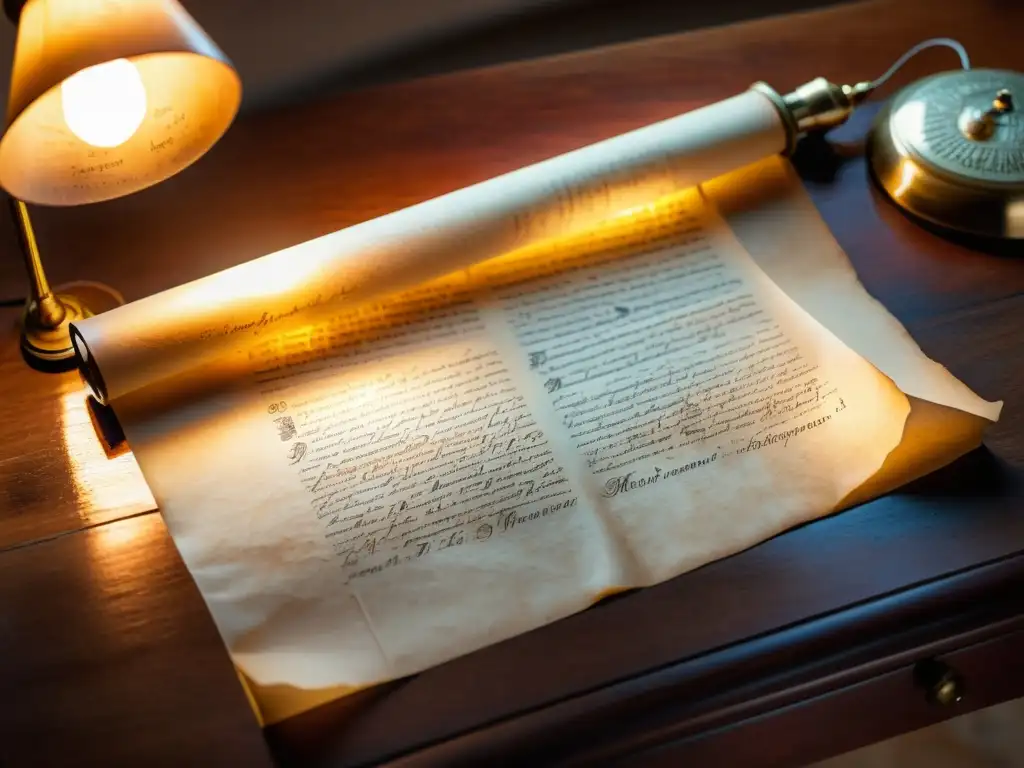 Un pergamino envejecido descansa sobre una mesa de madera, iluminado por una lámpara de escritorio