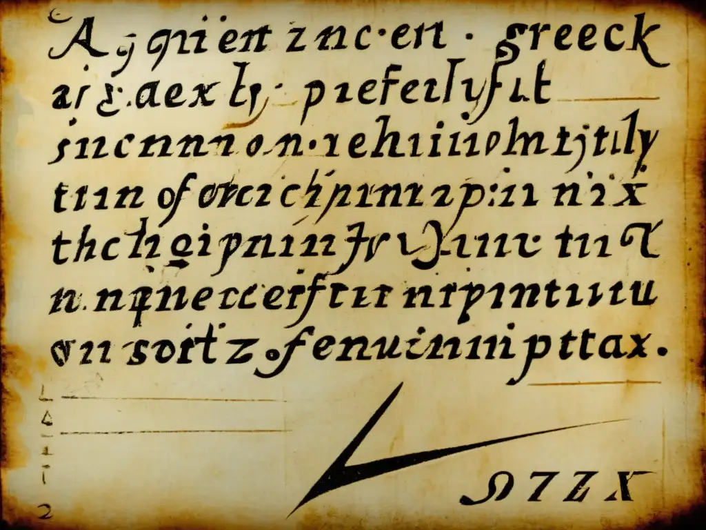 Un pergamino griego antiguo con letras bellamente escritas del alfabeto griego en tinta negra desgastada