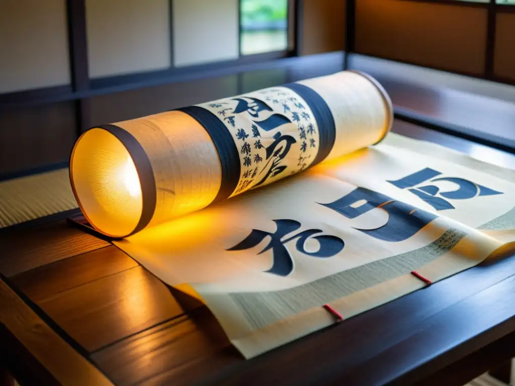 Un pergamino japonés antiguo con kanji pintados a mano, iluminado por una linterna de papel