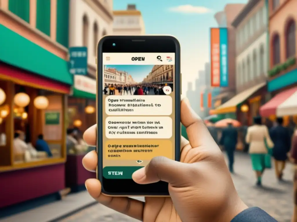 Persona usando app de traducción en tiempo real en smartphone vintage, conectando culturas en la bulliciosa ciudad