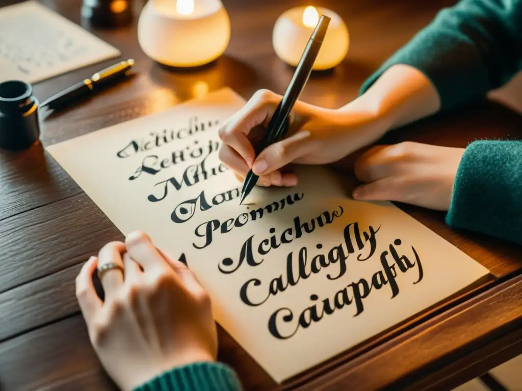 Persona practicando caligrafía antigua con plumas e inks en un escritorio de madera, en un ambiente cálido y nostálgico