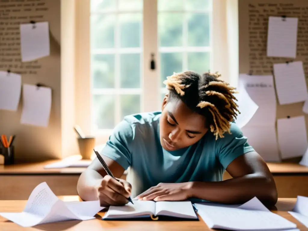 Persona concentrada en escritura creativa, liberación emocional a través de la expresión artística