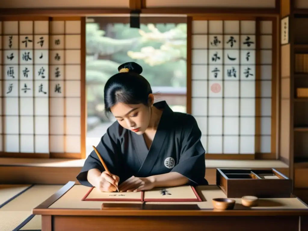 Persona concentrada escribiendo kanji en un escritorio japonés vintage, rodeada de libros antiguos