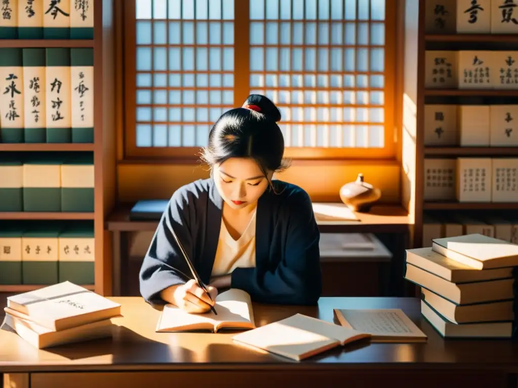 Persona concentrada escribiendo Kanji, rodeada de libros y tarjetas