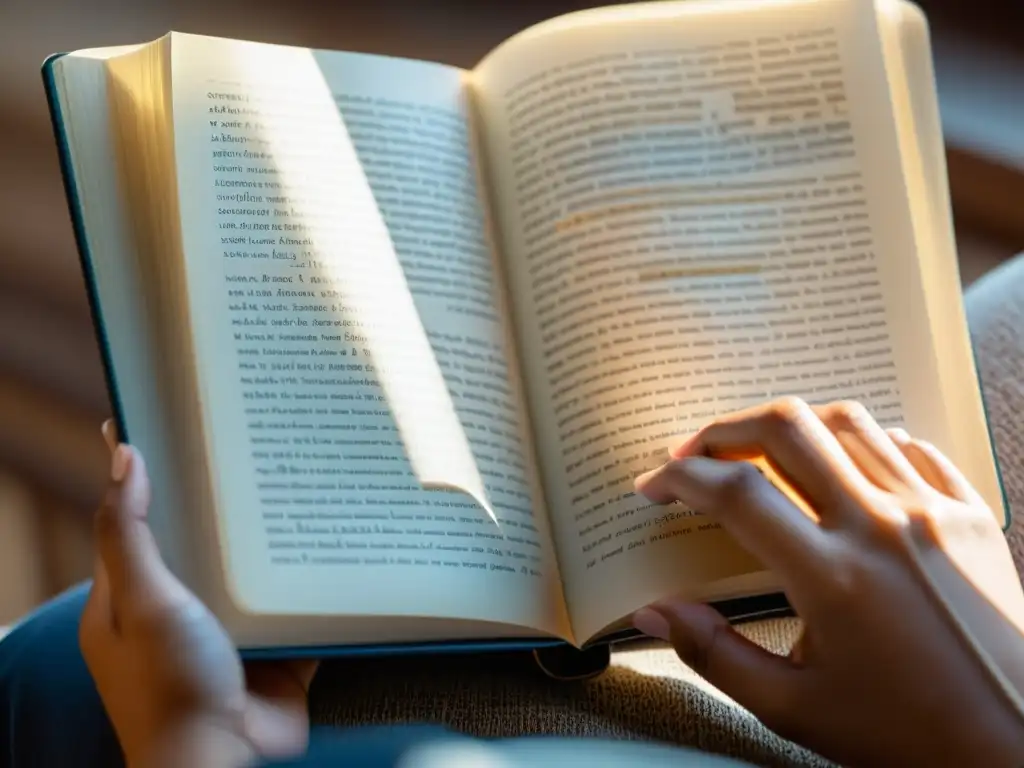 Persona concentrada leyendo un libro multilingüe, mostrando estrategias cognitivas lectura multilingüe en detalle