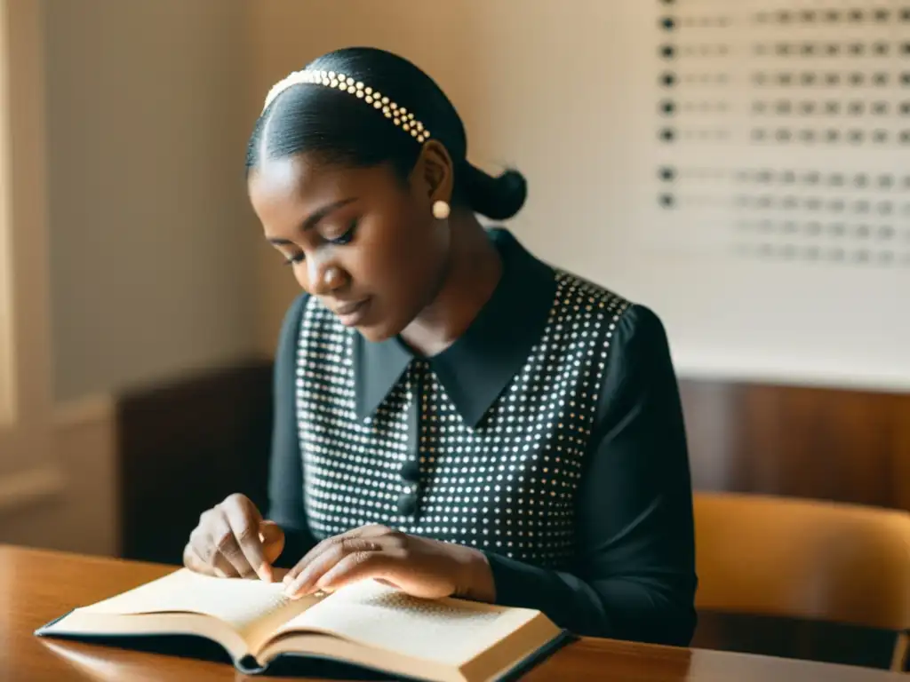 Una persona con discapacidad visual lee con confianza un libro en braille en una habitación bien iluminada