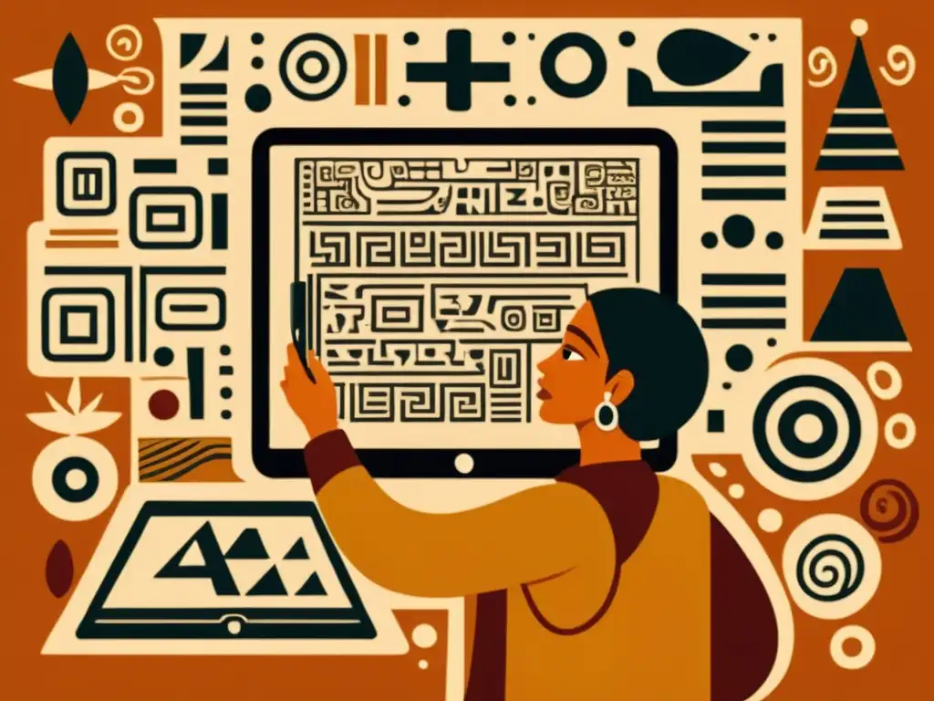 Persona usando un dispositivo moderno para aprender escritura maya, rodeada de elementos de la cultura maya en ilustración vintage de alta resolución