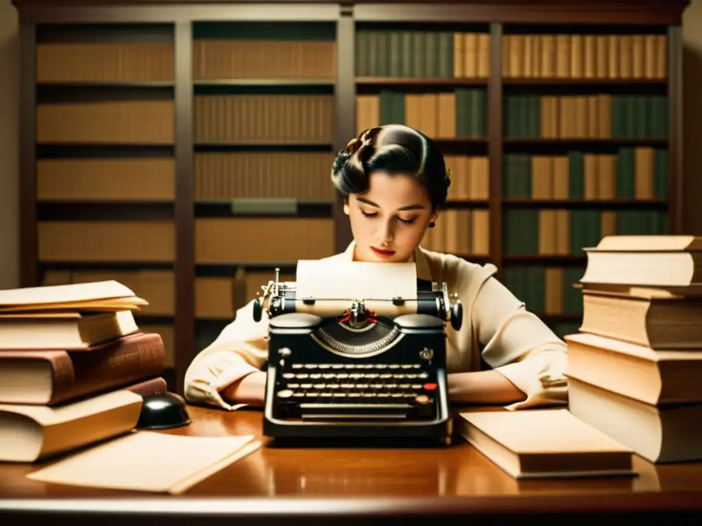 Persona en escritorio vintage con máquina de escribir rodeada de libros y papeles