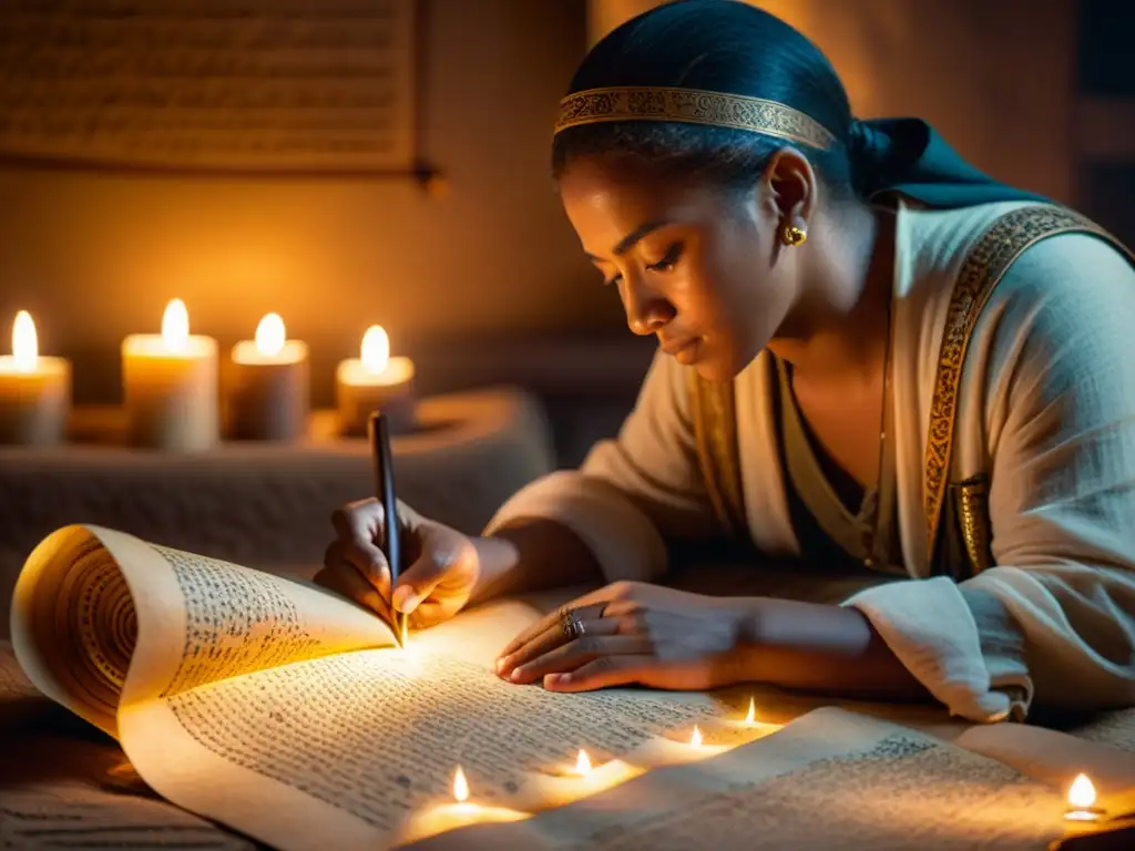 Persona descifrando escritura antigua en pergamino iluminado por velas en ambiente histórico