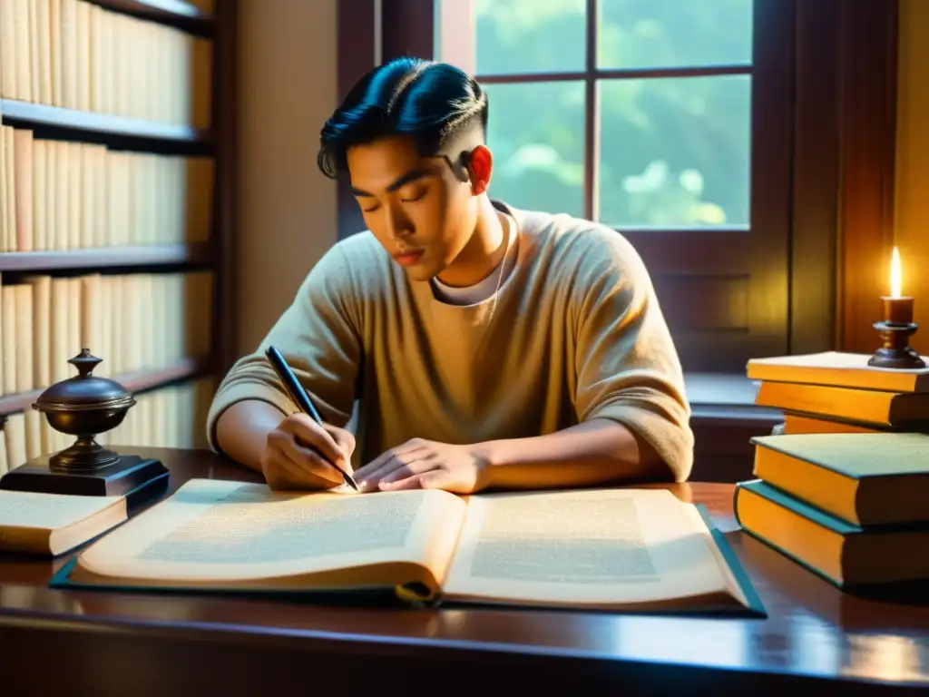 Una persona estudia escritura exótica rodeada de libros antiguos