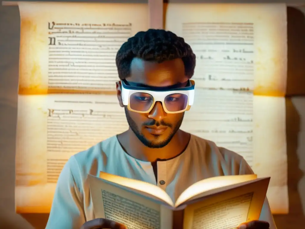 Persona usando gafas de realidad aumentada para comprender textos antiguos en un manuscrito iluminado