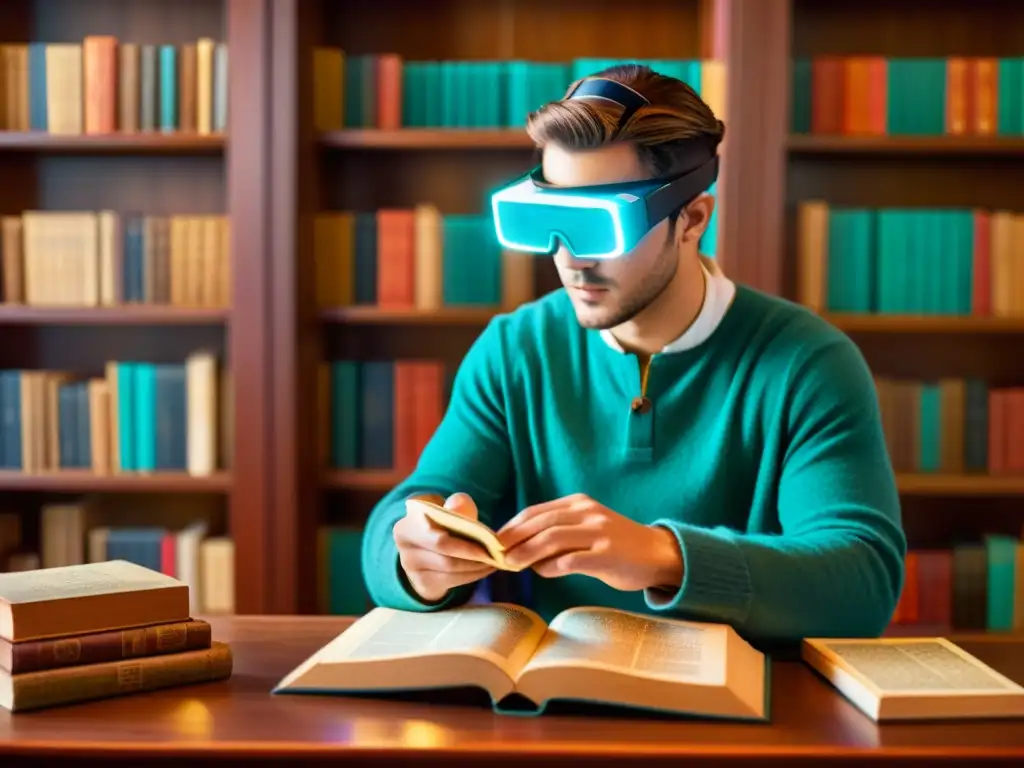 Persona usando gafas de realidad aumentada para estudiar un texto antiguo en una biblioteca acogedora y nostálgica