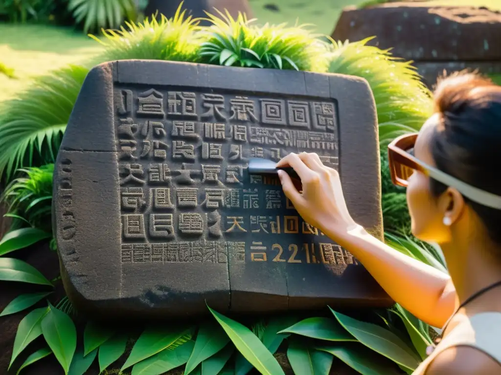 Persona usando gafas de realidad aumentada para explorar escritura Rongorongo en Isla Pascua, rodeada de naturaleza exuberante y luz cálida