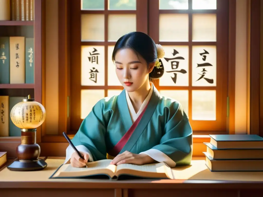 Persona con hanbok estudiando Hangul en un ambiente sereno con libros antiguos y luz cálida