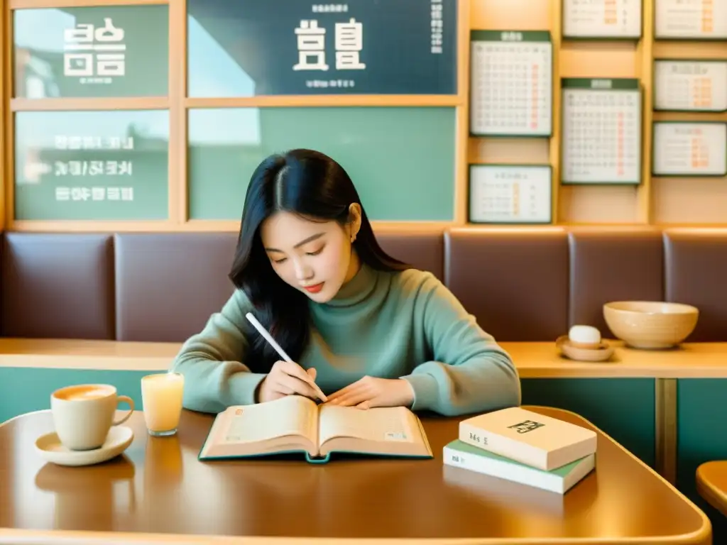 Persona aprendiendo hangul coreano en acogedor café vintage con libros y aplicación de idioma en el móvil