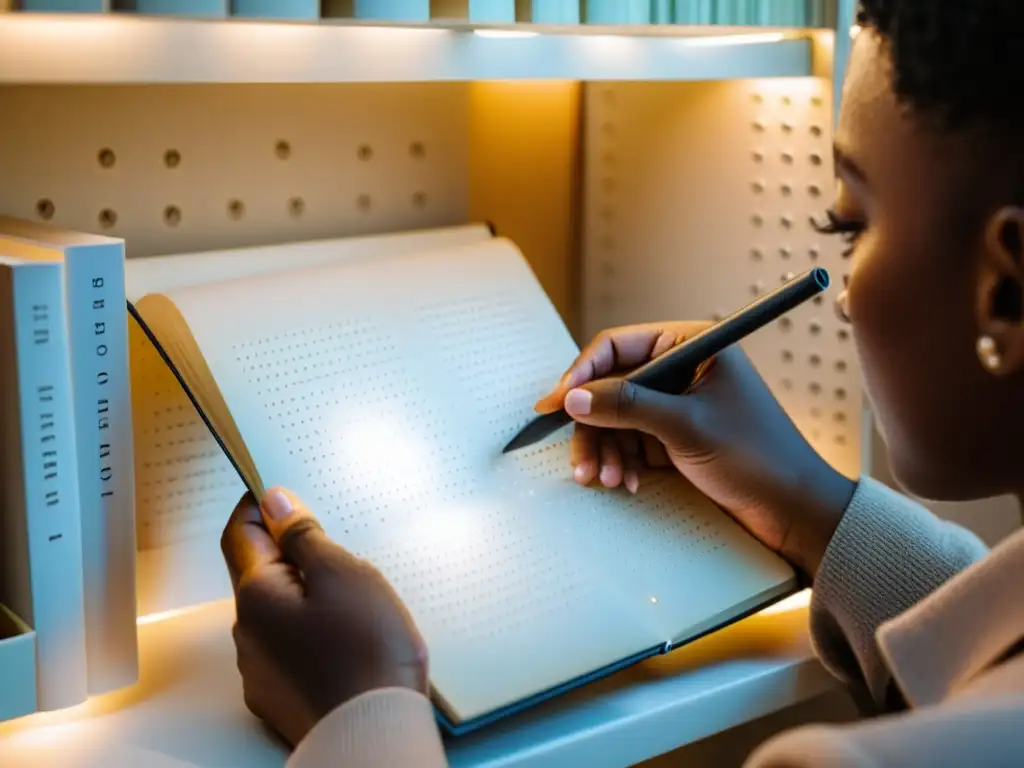 Una persona lee un libro en braille con concentración, mientras sus dedos exploran los puntos elevados