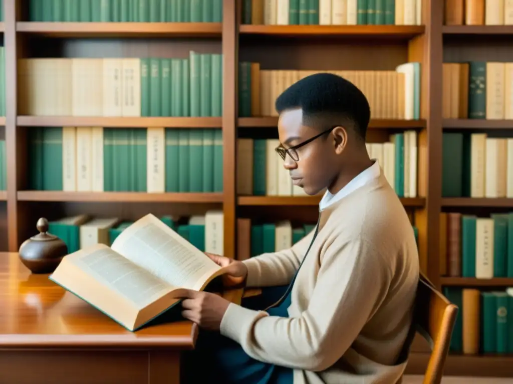 Persona leyendo un libro con ideogramas en un estudio tradicional, rodeada de estanterías llenas de libros con cubiertas de ideogramas