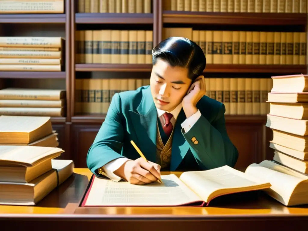 Persona estudiando manuales para aprender escrituras exóticas en un ambiente nostálgico y sabio iluminado por la tarde