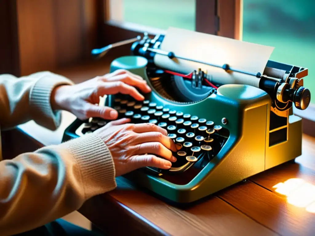 Persona usando una máquina de escribir braille vintage, con luz cálida y toque nostálgico, para las mejores aplicaciones braille tecnología