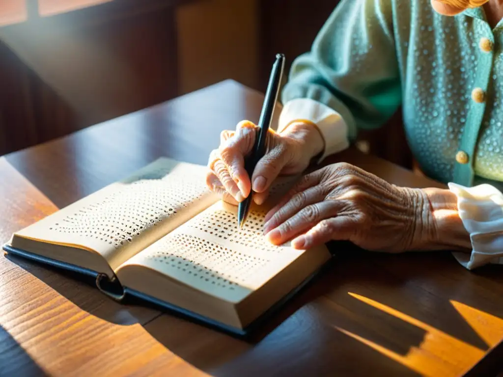 Persona mayor con discapacidad visual disfruta del libro braille vintage en su escritorio