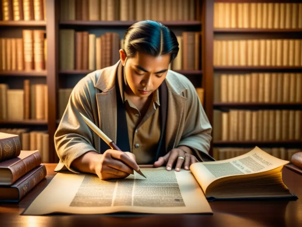 Persona examina pergamino antiguo en biblioteca tenue, evitando estafas escrituras ancestrales con cautela y sabiduría