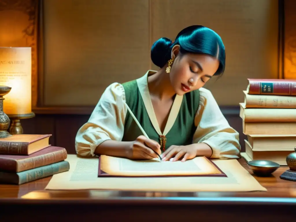 Persona escribiendo con pluma en un escritorio rodeado de libros antiguos y papel pergamino, en un ambiente nostálgico y cálido